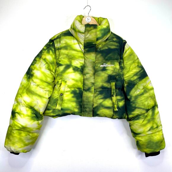 Daily Paper Down Puffer Jacket / Vest Green Tie Dye Womens XL Cropped Streetwear - Picture 11 of 16